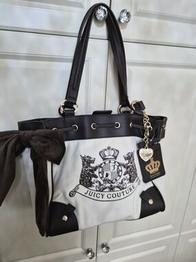 Juicy Couture Dsydreamer Cream Canvas Tote with Dark Brown Trim & Gold Hardware